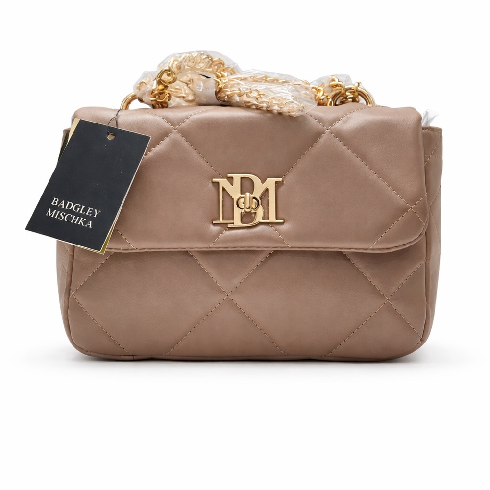 Badgley Mischka Taupe Quilted Evening Bag Gold Chain NWT